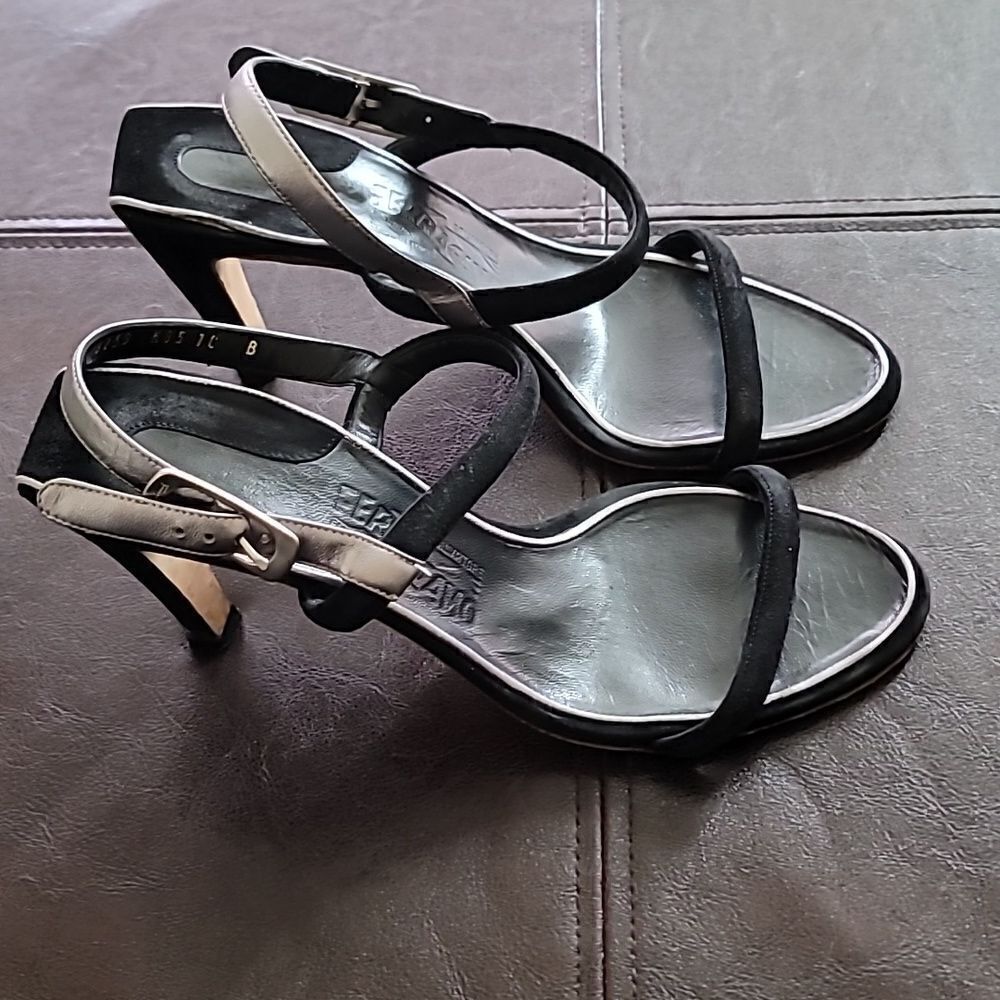 Salvatore Ferragamo Black/Silver Suede Heeled Strappy Sandals Size 10
